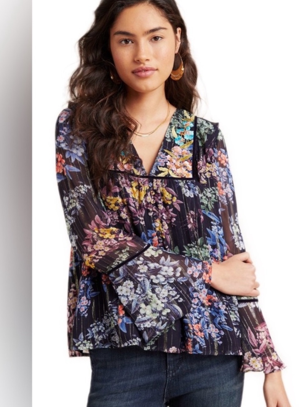Anthropologie Vineet Bahl Vivienne Embroidered Floral Blouse Metallic Medium Top